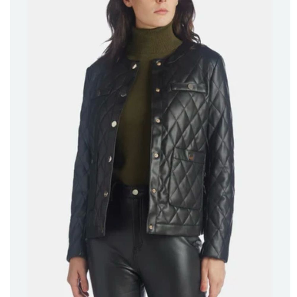 Anne Klein Women's S NWT Black Quilted Faux Leather Collarless Jacket Petite